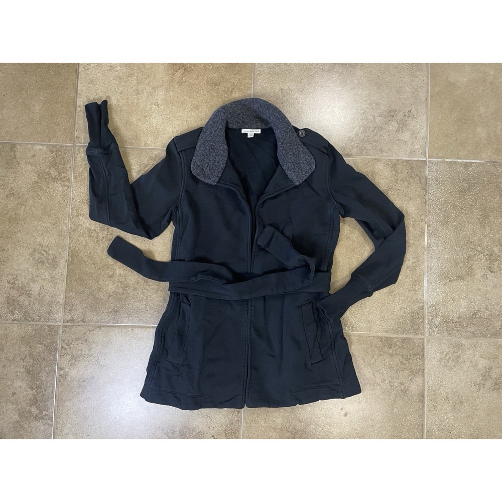 James Perse Jacket Womens Small Size 2 Black Surplus Wrap Open Front Belted Coat